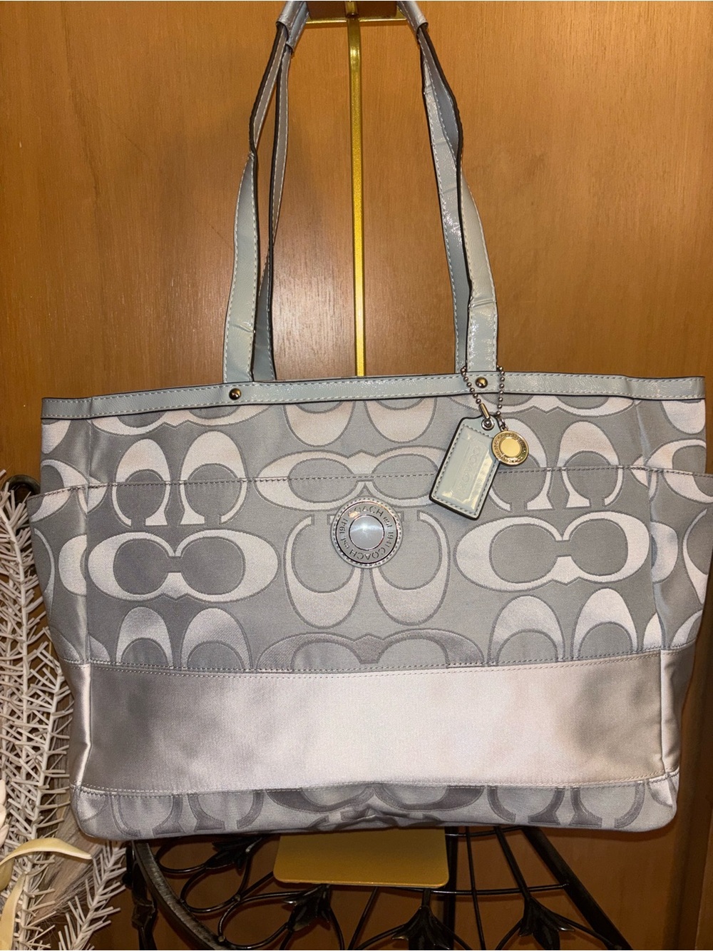 Coach F19422 Gray Signature Multifunctional Travel Tote with Metallic Accent
